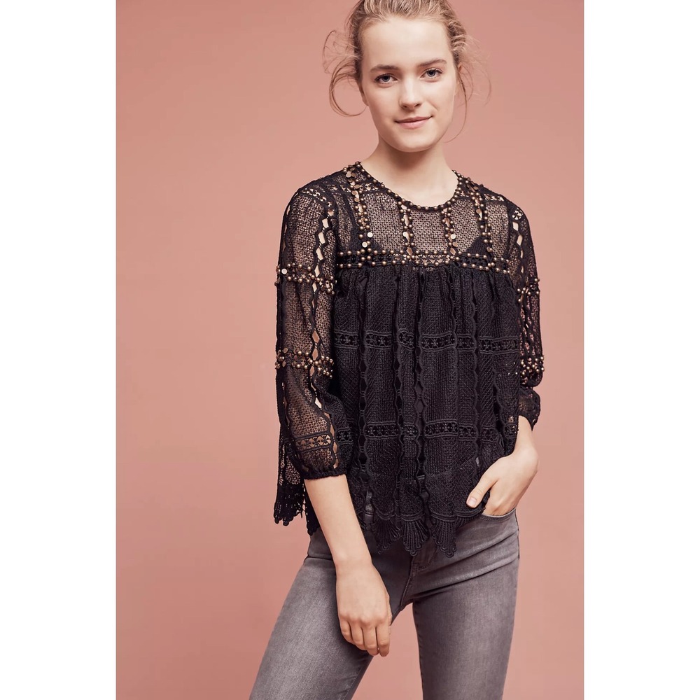 Maeve Anthropologie Auralis Lace Top Black Studded Crochet Blouse Top Sheer Boho